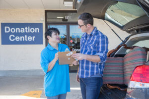 People talking at the donation center for Habitat for Humanity of Bucks County in Chalfont, PA