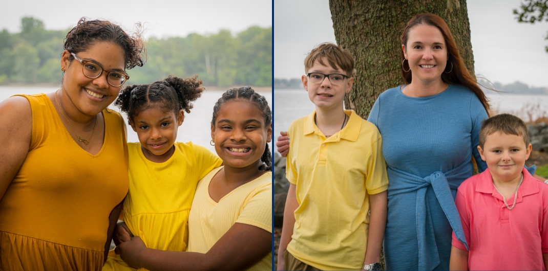 Two portraits of two women with two kids.